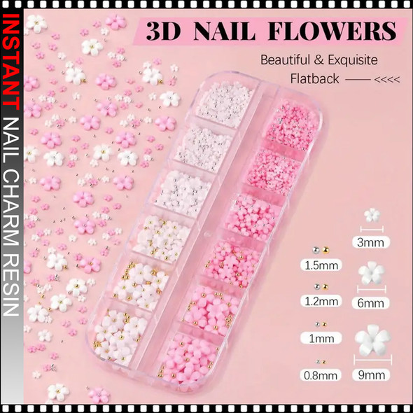 NAIL CHARM RESIN Macaron Flower  With Silvery & Gold Caviar Beads 12 Grid