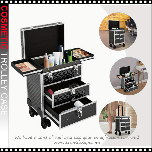 COSMETIC CASE 3-Tier Rolling Makeup Case with 2 Sliding Drawers & 4 Wheels 