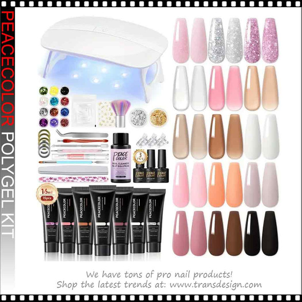 PEACECOLOR Poly Gel Extension Kit, 15 Nude Colors with LED Lamp