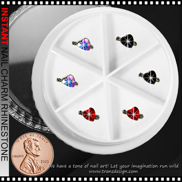 NAIL CHARM RHINESTONE Heart Red, Crystal AB, Black 6/Case