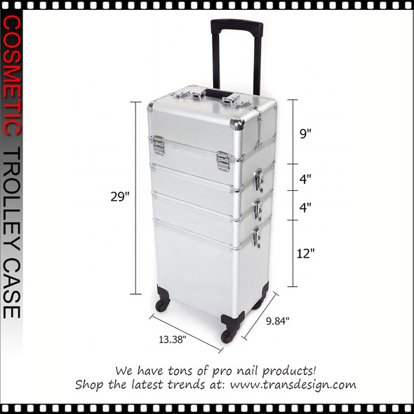 COSMETIC CASE Rolling, 4 Tray, 3 in 1 Large, Aluminum Polka Dots Silvery