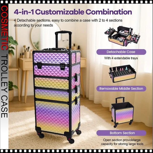 COSMETIC CASE Rolling, 4 Tray, 3 in 1 Large, Aluminum Gradient Purple COSMETIC CASE Rolling, 4 Tray, 3 in 1 Large, Aluminum Gradient Purple