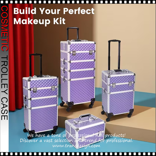 COSMETIC CASE Rolling, 4 Tray, 3 in 1 Large, Aluminum Purple