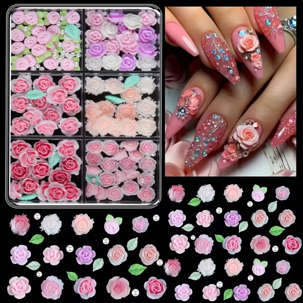 NAIL CHARM RESIN 3D Rose Flower Leaf Pearl #1