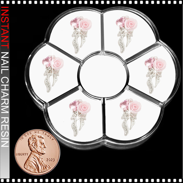 NAIL CHARM RHINESTONE Pink Rose, Heart with Bows Dangling 6/Case #1