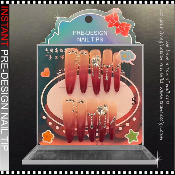 Burgundy Ombre Crystal Dangle Press-On Nails #POF-060