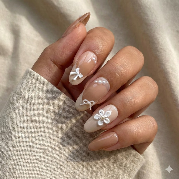 Nude Latte Bow & 3D Daisy Press-On Nails