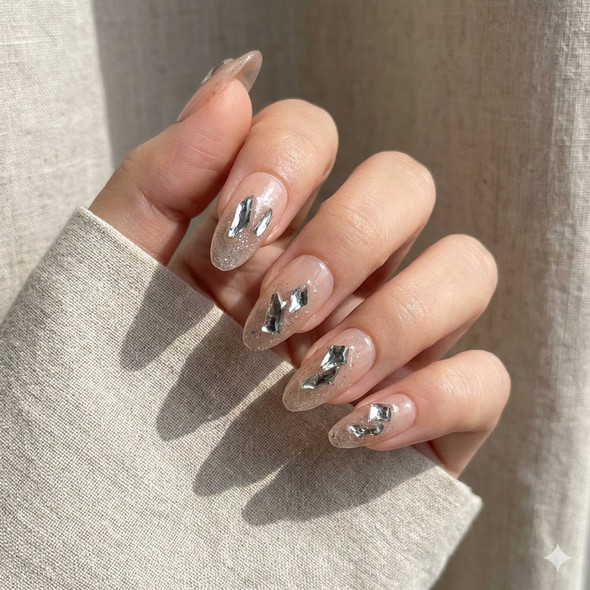 Champagne Nude Molten Silver Press-On Nails