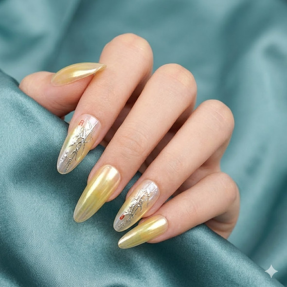 Olive Jelly Gold Leaf Press-On Nails