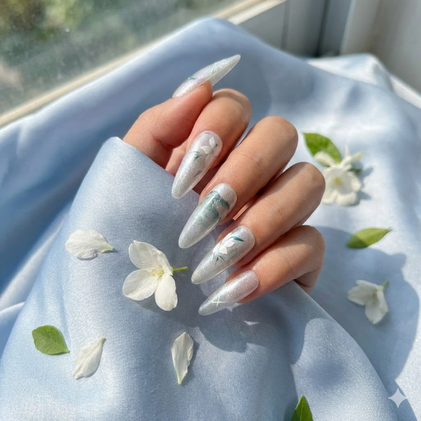 Milky White Shimmer Botanical Press-On Nails