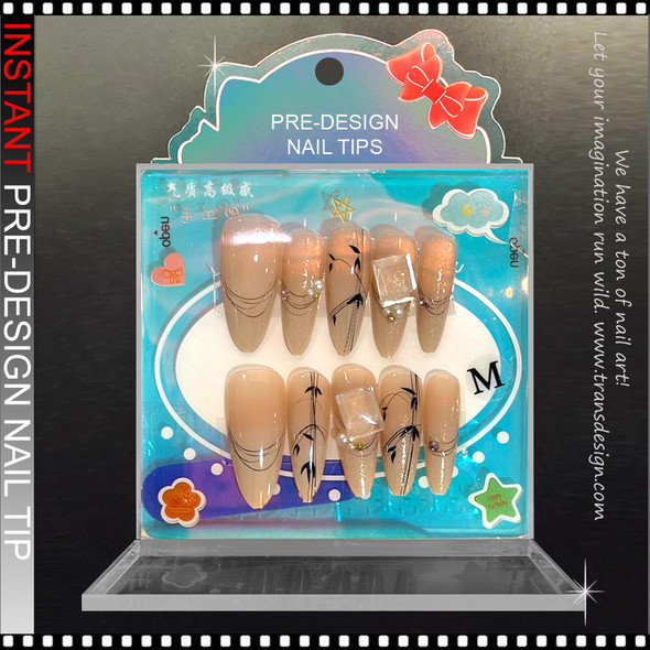Champagne Nude Bamboo & Clear Square Gem Press-On Nails