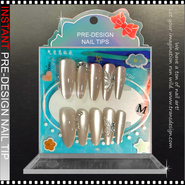 Champagne Pearl Chrome Bow & Rhinestone Press-On Nails