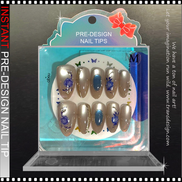 Milky Nude Purple Floral & Gold Outline Press-On Nails