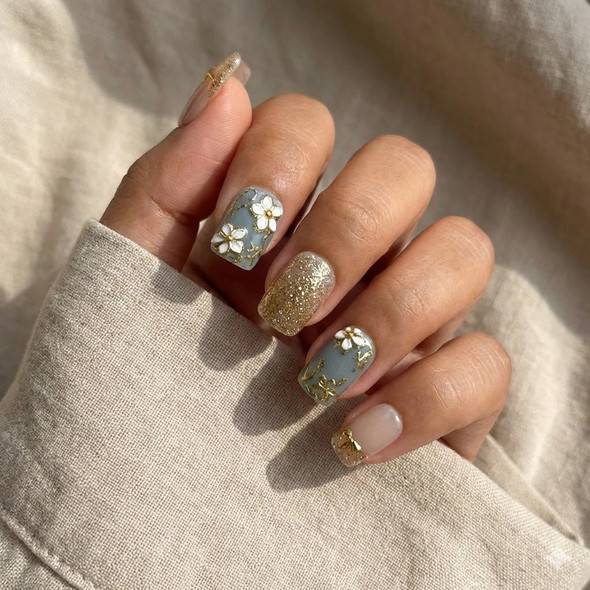 Tiffany Blue Gold Floral Press-On Nails