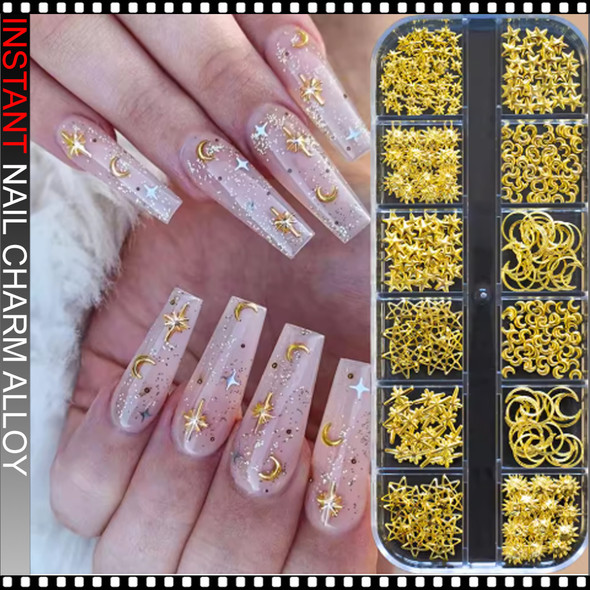 NAIL CHARM ALLOY Gold Moon, Star & Bar Mix/Case