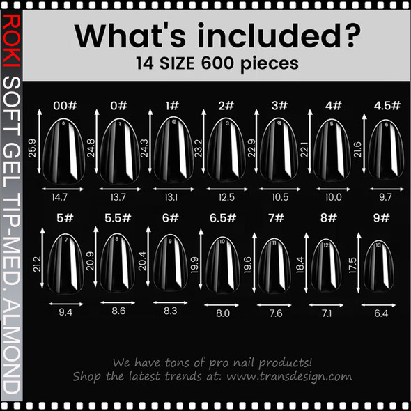ROKI SOFT GEL TIP Sculpted Almond Medium, Full Cover 600/Case #W210