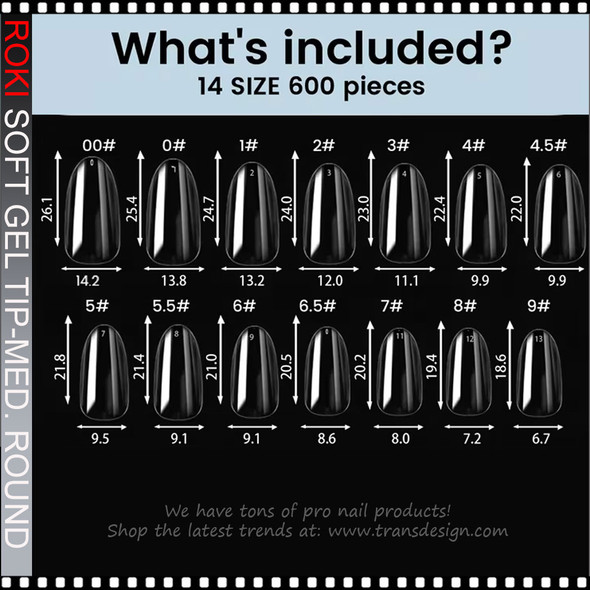 ROKI SOFT GEL TIP Sculptured Round Medium, Full Cover 600/Case #W210