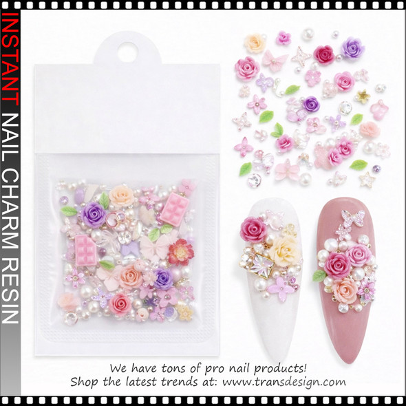 NAIL CHARM Pastel Pink Rose with Beads 60/Bag #M6704