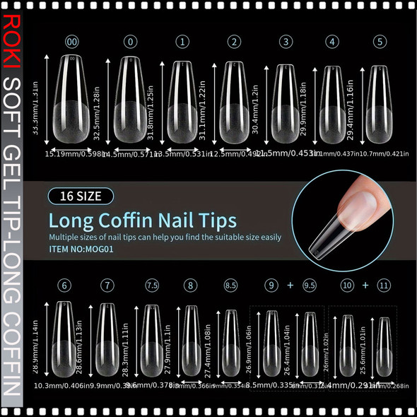 ROKI SOFT GEL TIP Coffin Long, Full Cover 480/Case #MOG01