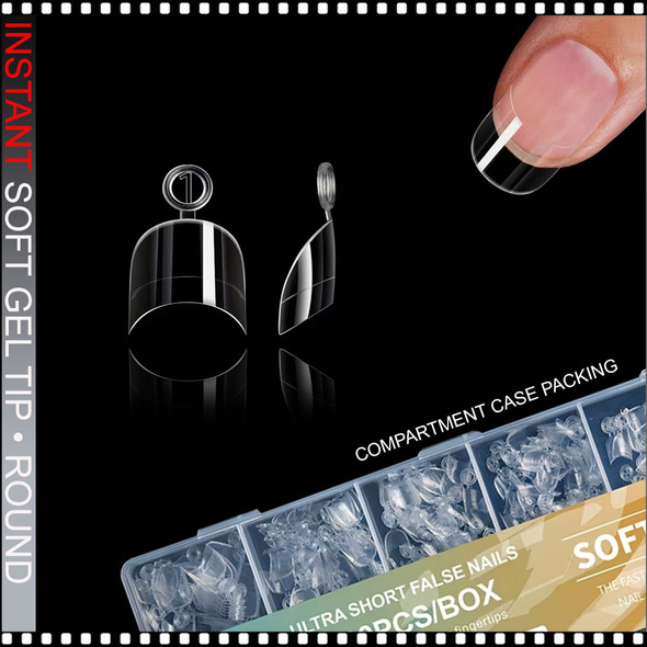 INSTANT SOFT GEL TIP Round, Ultra Short, Clear, Half Cover 600/Case