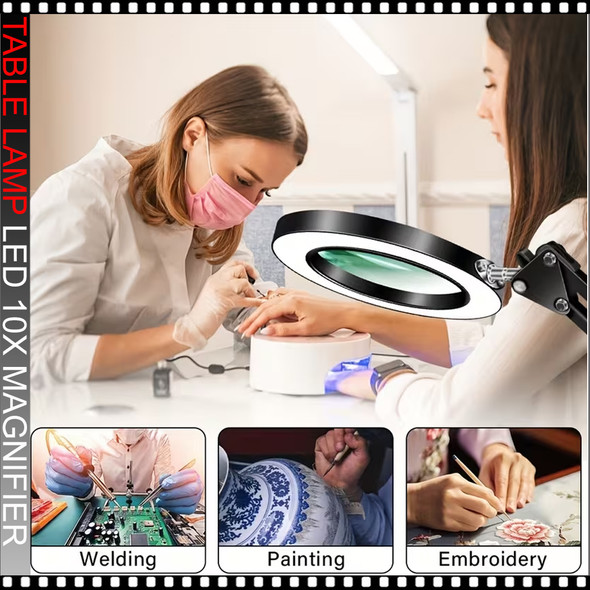 LED 10X Magnifier Lamp with Metal Clamp, Black