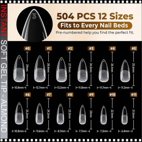 SOFT GEL TIP Almond, Long, Clear, Full Cover 504/Case