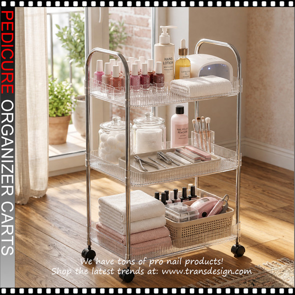 PEDICURE MANICURE Clear Acrylic 3 Tier Rolling Cart with Lockable Wheels