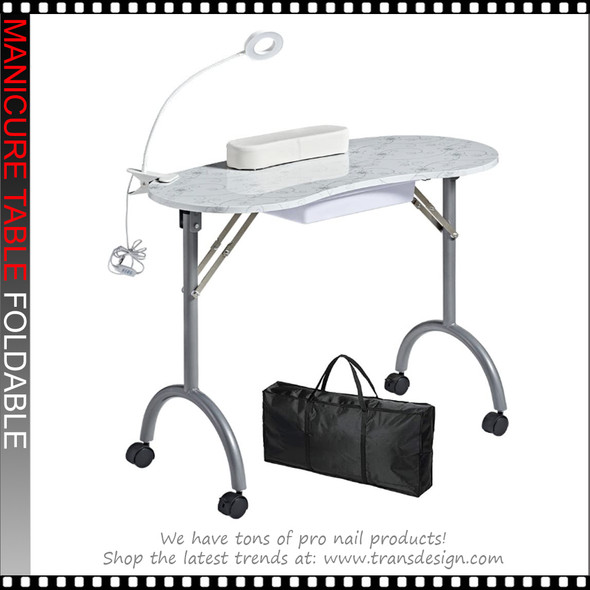 MANICURE TABLE Foldable, Armrest, White Line Art  & LED Lamp