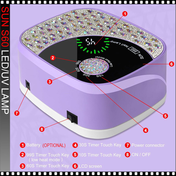 SUN S60 Rechargeable UV Lamp/Rhinestone, Pink 108W.