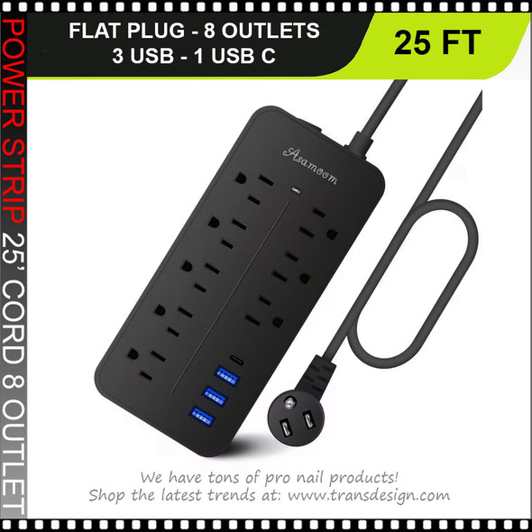 POWER STRIP 25 Feet Flat Plug, 8 Outlets, 3 USB and USB C Plug 