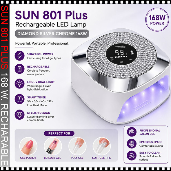 SUN 801 Plus Rechargeable, LED Lamp, Diamond Silver Chrome 168W