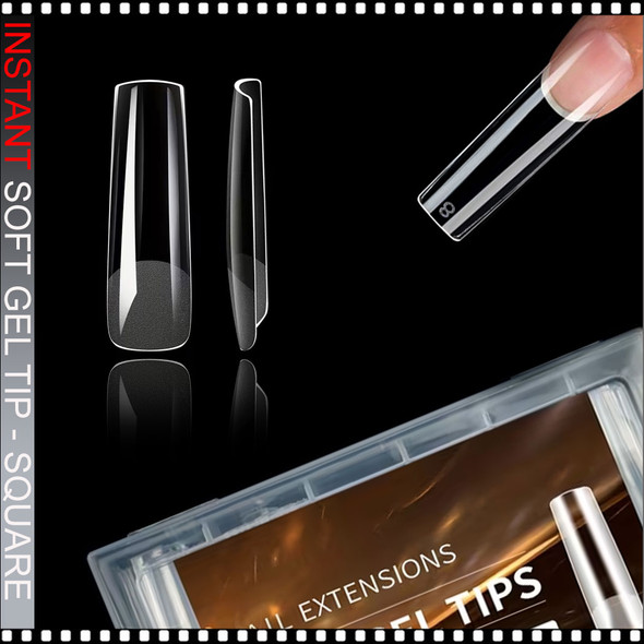 INSTANT SOFT GEL TIP Square, XX-Long, Straight, No 'C', Clear, Full Cover 240/Case