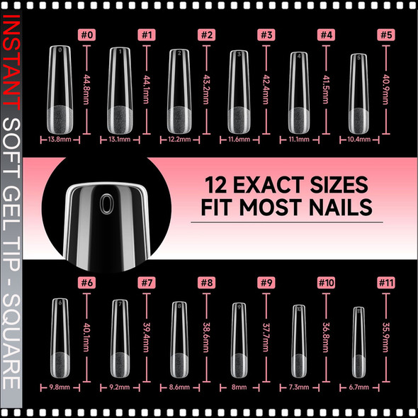 INSTANT SOFT GEL TIP Square, XX-Long, Straight, No 'C', Clear, Full Cover 240/Case