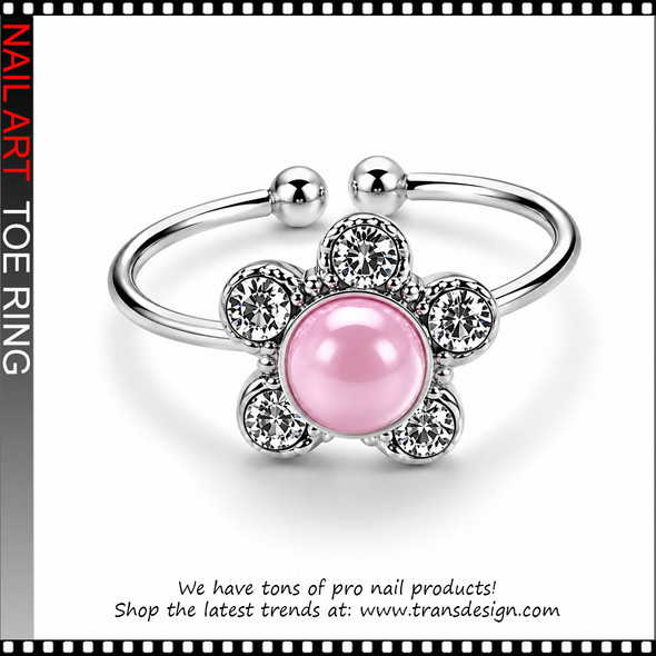 Adjustable Pearl Pink Flower Rhinestone Toe Ring #11387