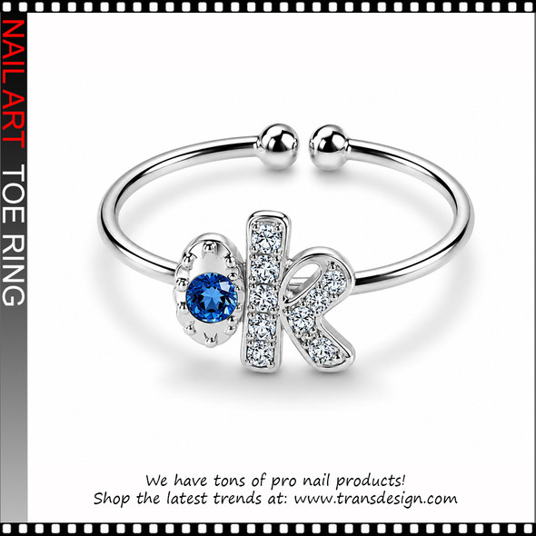 Adjustable OK Letter Sapphire Blue Rhinestone Toe Ring #11398