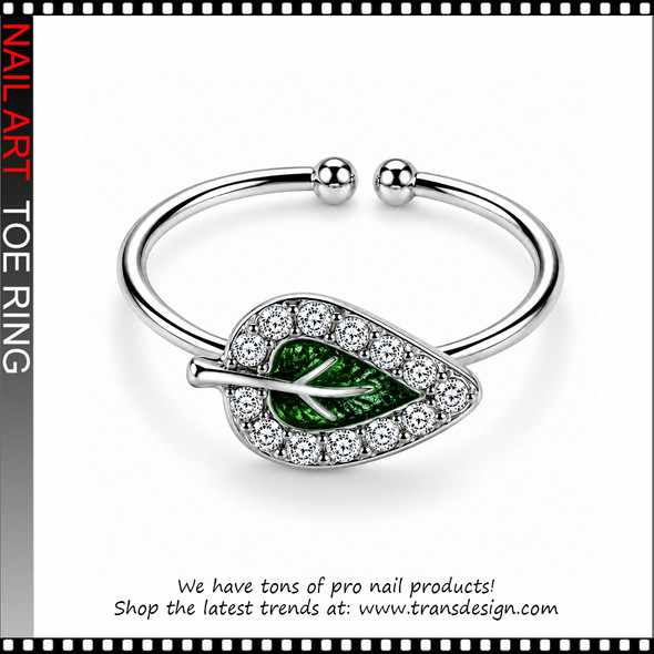 Adjustable Dark Green Leaf Rhinestone Toe Ring #11406