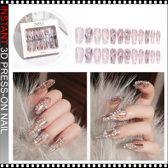 INSTANT 3D Press On Nails With Charm and Glitter Diamond 24/Pack