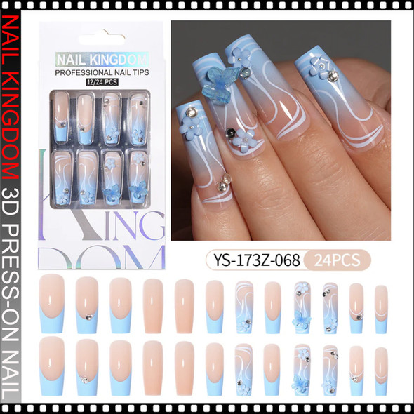 NAIL KINGDOM Baby Blue French Ombre Floral Long Coffin Press-On Nails 24/Pack