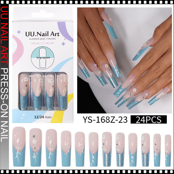 UU Nail Art Blue Glitter Floral Long Square Press-On Nails 24/Pack