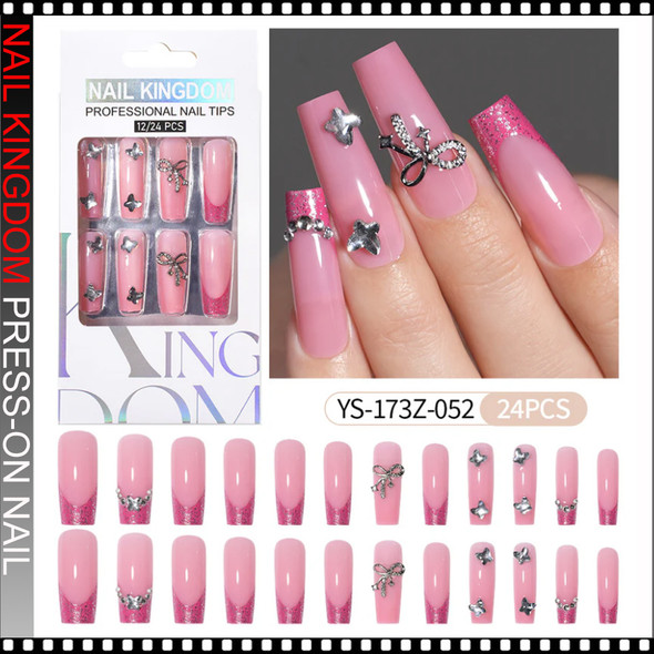 NAIL KINGDOM Pink Glitter Bow Rhinestone Press-On Nails 24/Pack