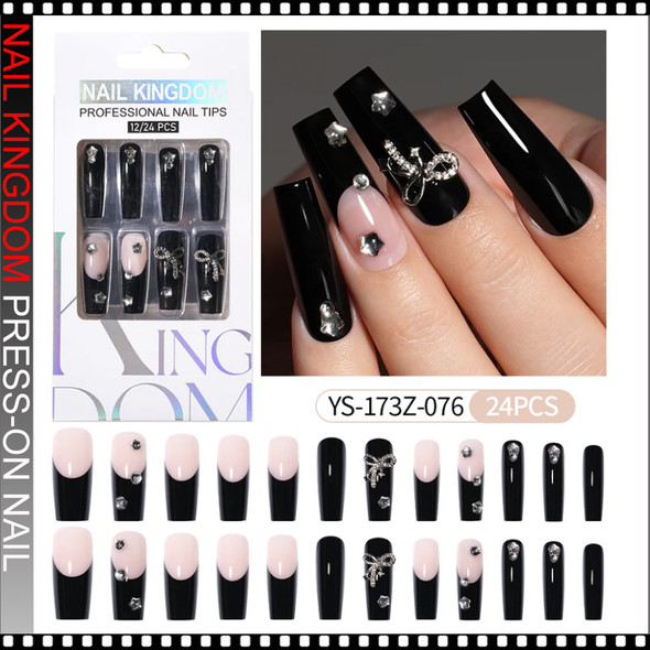NAIL KINGDOM Black French Bow Rhinestone Press-On Nails 24/Pack