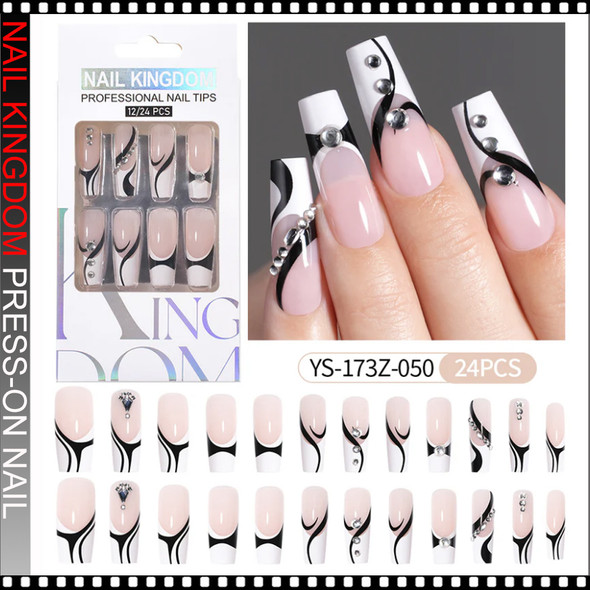 NAIL KINGDOM Black Swirl French Rhinestone Press-On Nails 24/Pack