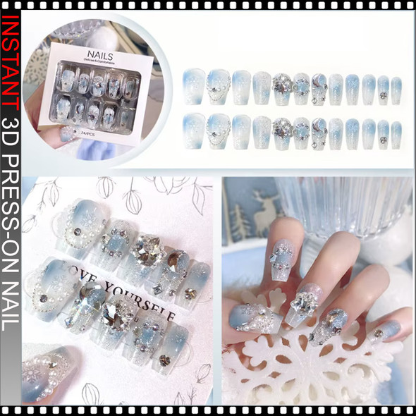 INSTANT 3D Luxury Ice Blue Crystal Rhinestone Press-On Nails 24/Pack
