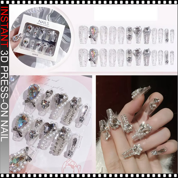 INSTANT 3D Luxury Silver Crystal Rhinestone Press-On Nails 24/Pack