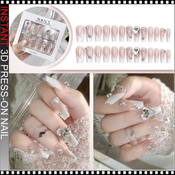 INSTANT 3D Nude Pink Crystal Heart French Press-On Nails 24/Pack