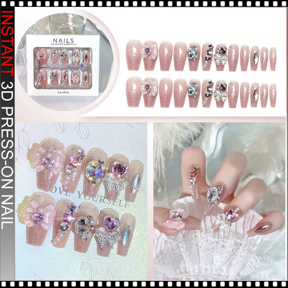 INSTANT 3D Elegant Pink Flower Diamond Press-On Nails 24/Pack