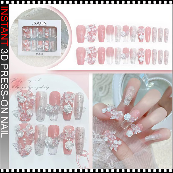 INSTANT 3D Pink Butterfly Blossom Press-On Nails 24/Pack