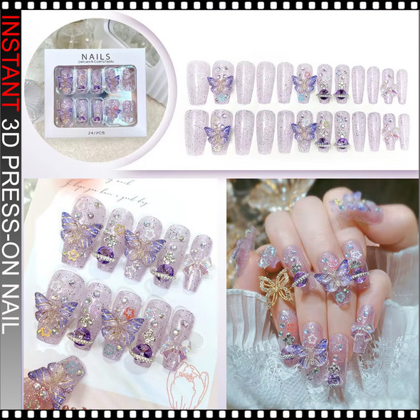 INSTANT 3D Lavender Butterfly Crystal Press-On Nails 24/Pack