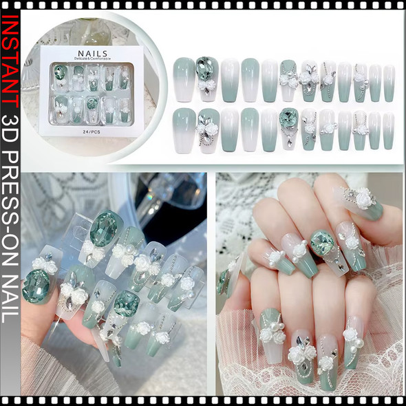 INSTANT 3D Sage Green Blossom Crystal Press-On Nails 24/Pack