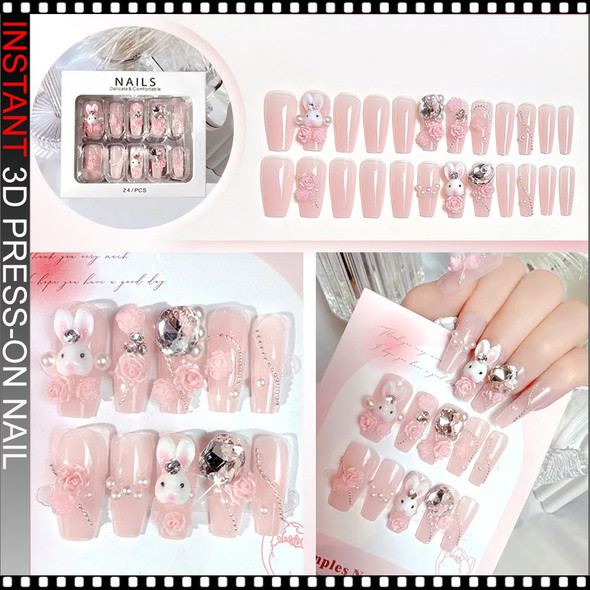 INSTANT 3D Pink Bunny Rose Crystal Press-On Nails 24/Pack